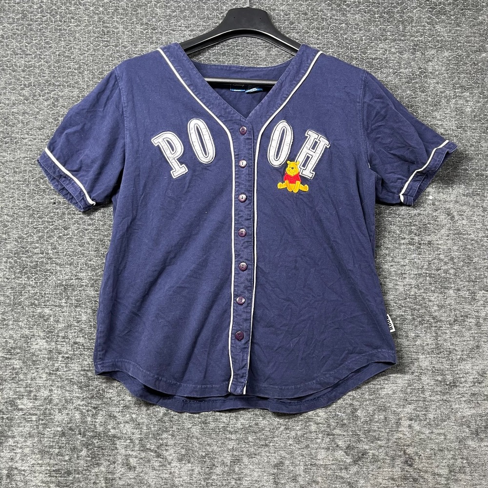 VTG Disney Winnie The Pooh Baseball Jersey Women's Navy Blue Cotton Top - Large